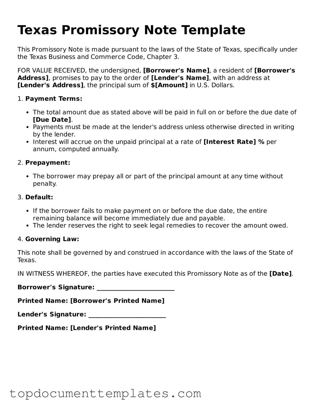 Valid Promissory Note Form for Texas State