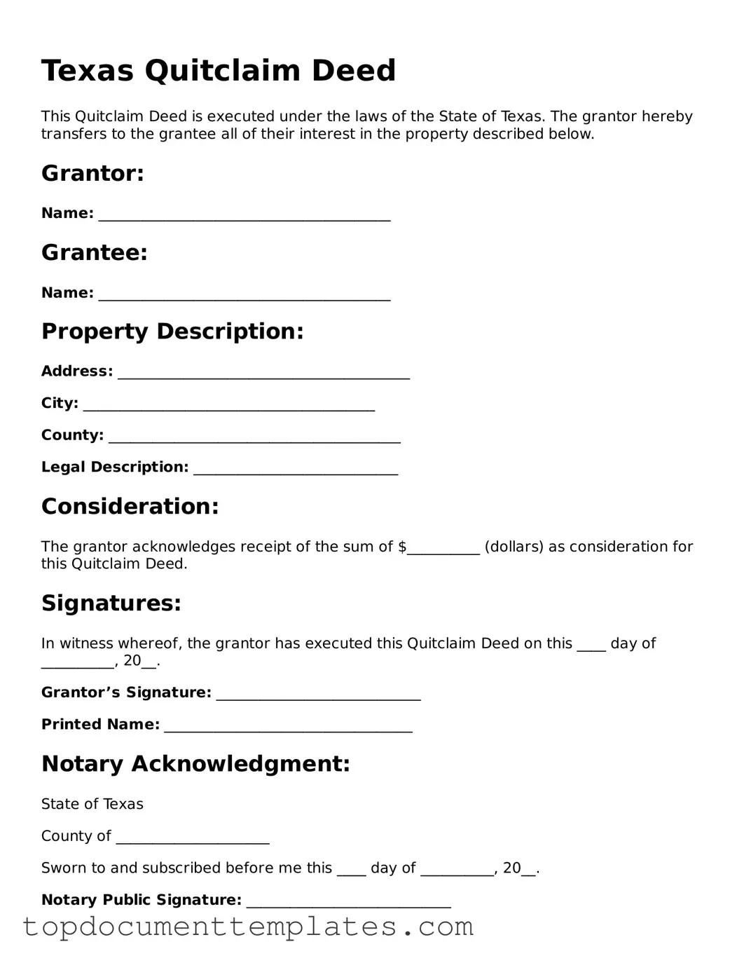 Valid Quitclaim Deed Form for Texas State