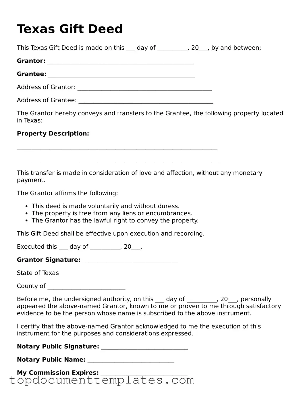 Valid Gift Deed Form for Texas State