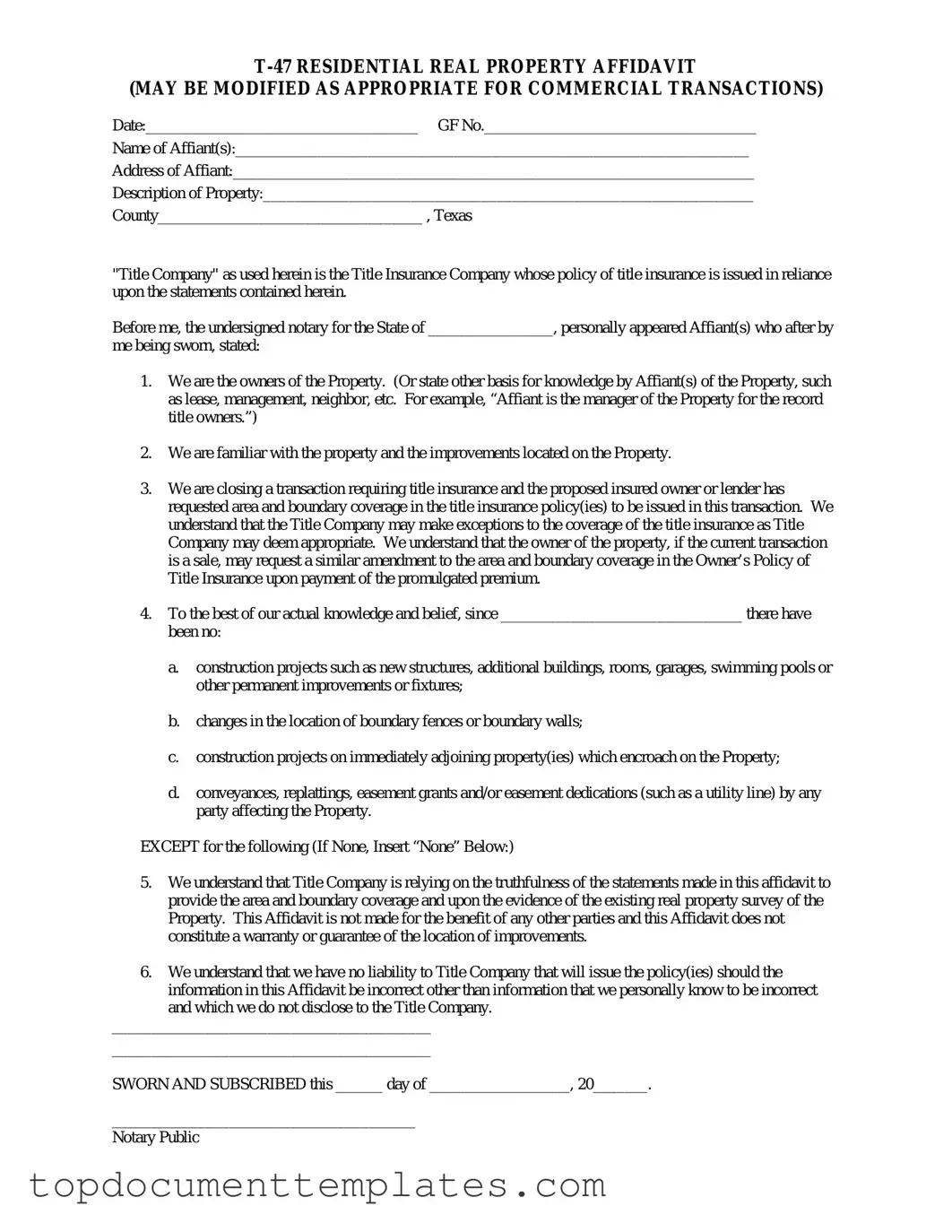 Blank Texas residential property affidavit T-47 PDF Form