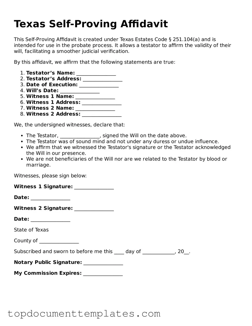 Valid Self-Proving Affidavit Form for Texas State