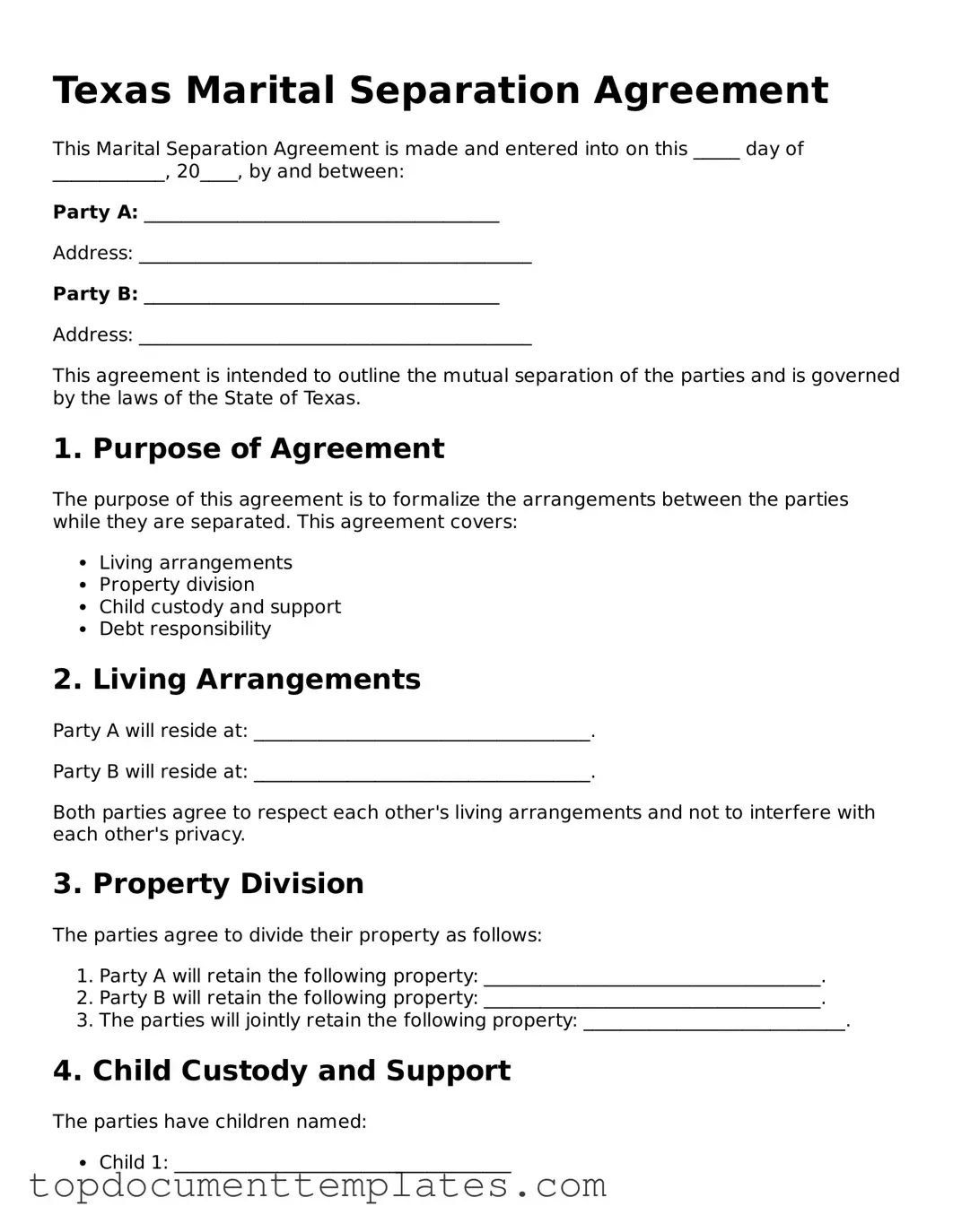 Valid Marital Separation Agreement Form for Texas State