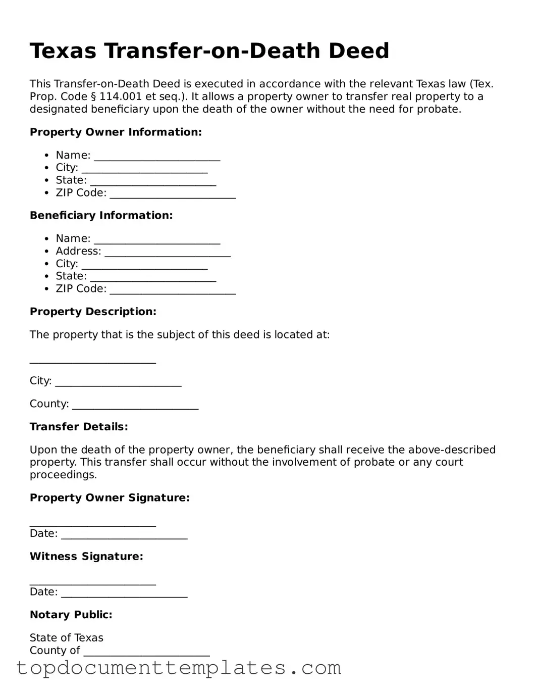 Valid Transfer-on-Death Deed Form for Texas State