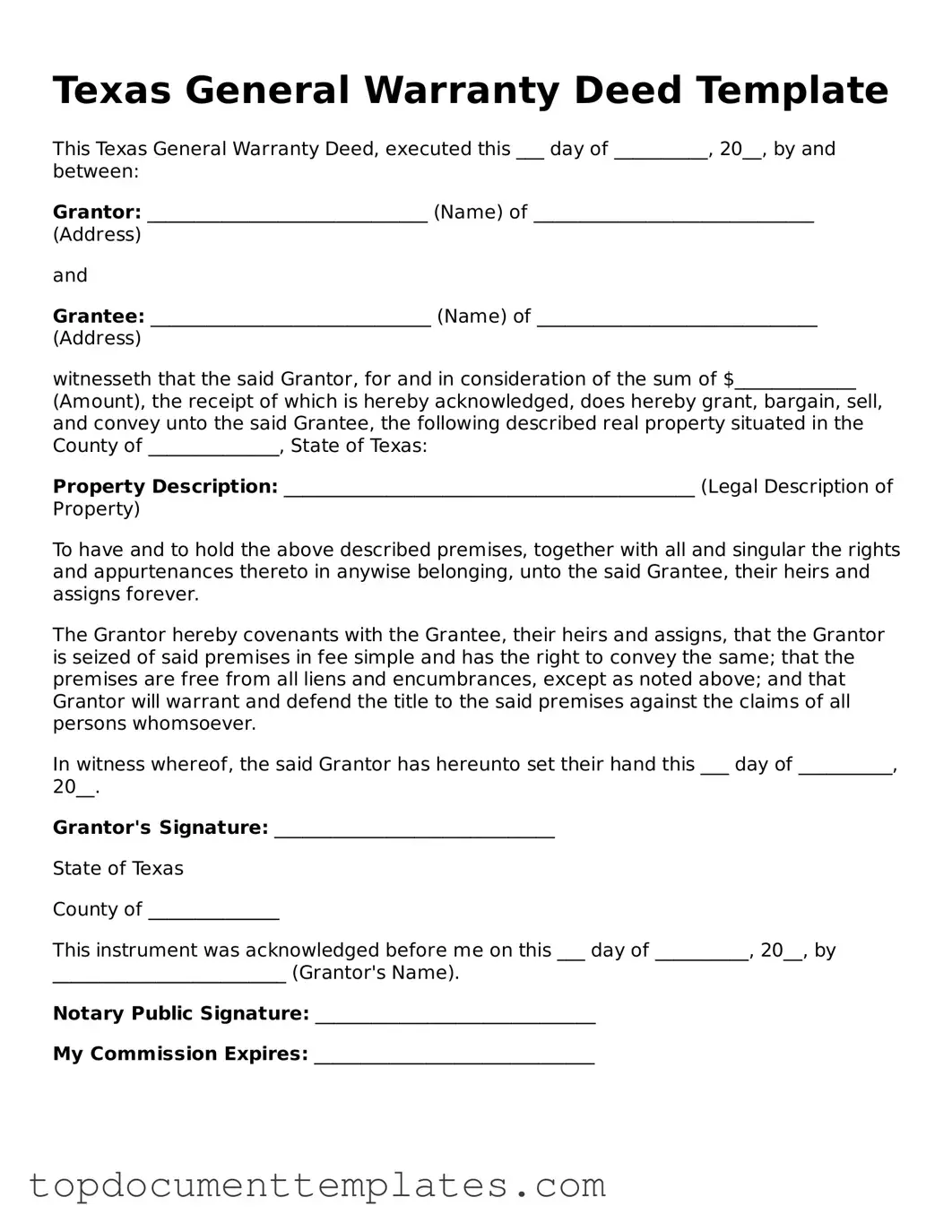 Valid Deed Form for Texas State