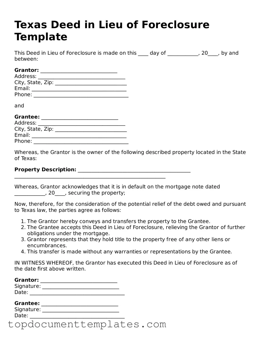 Valid Deed in Lieu of Foreclosure Form for Texas State