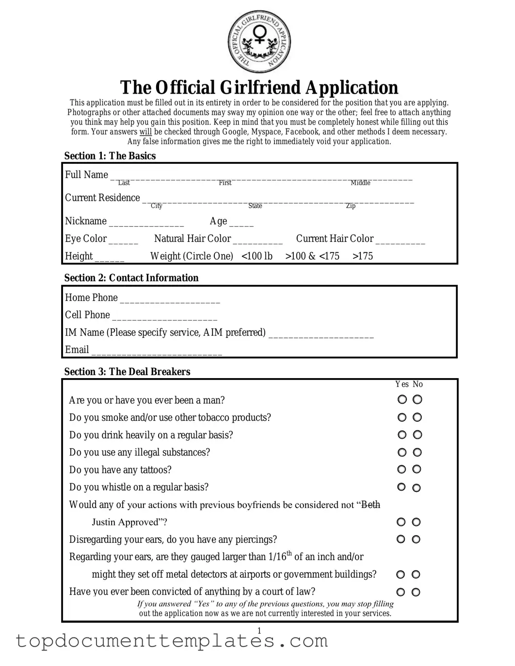 Blank Girlfriend Application PDF Form