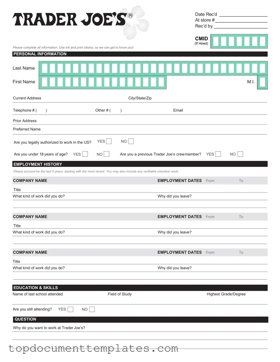 Blank Trader Joe's application PDF Form