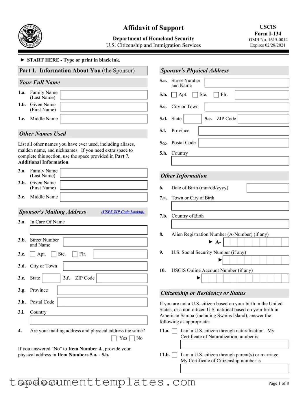 Blank USCIS I-134 PDF Form