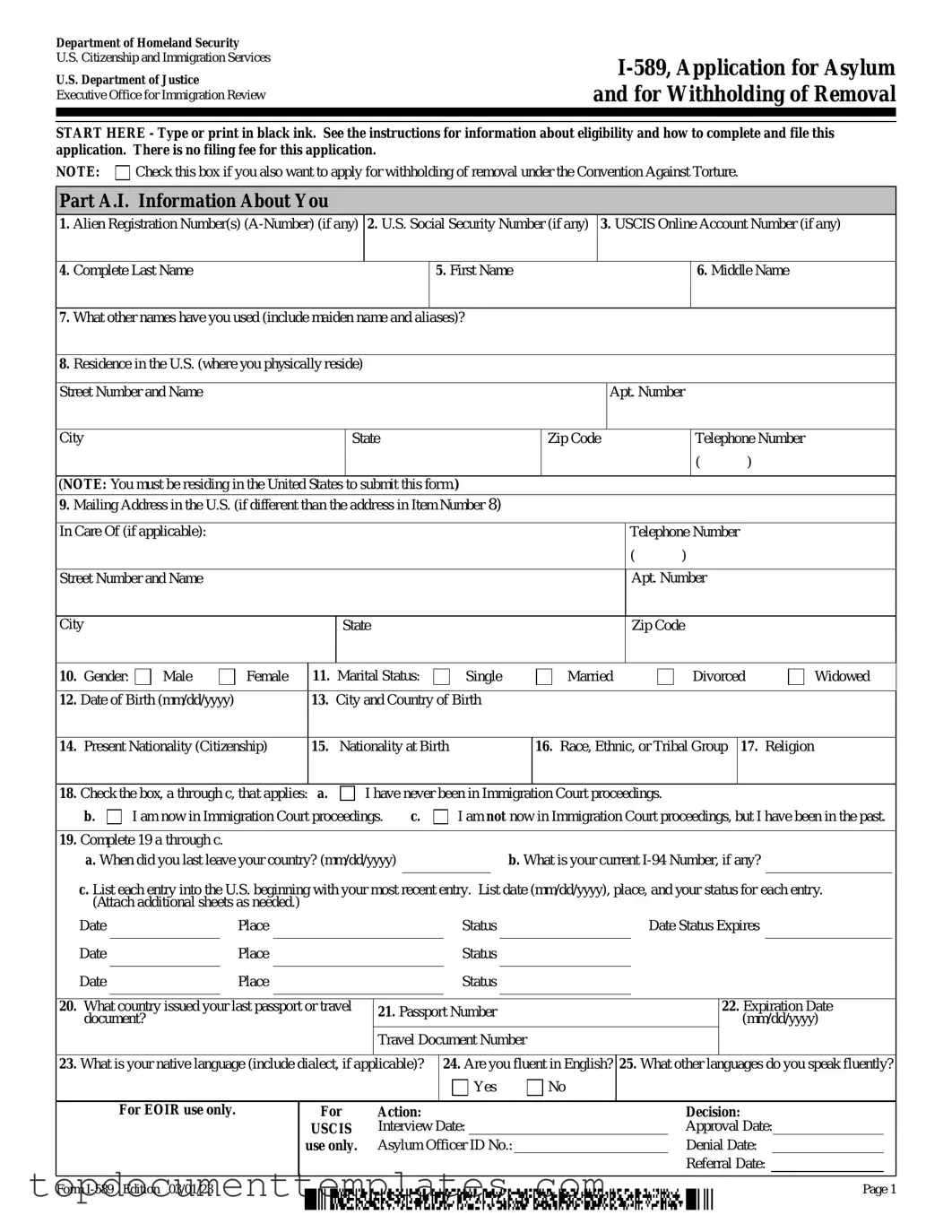 Blank USCIS I-589 PDF Form
