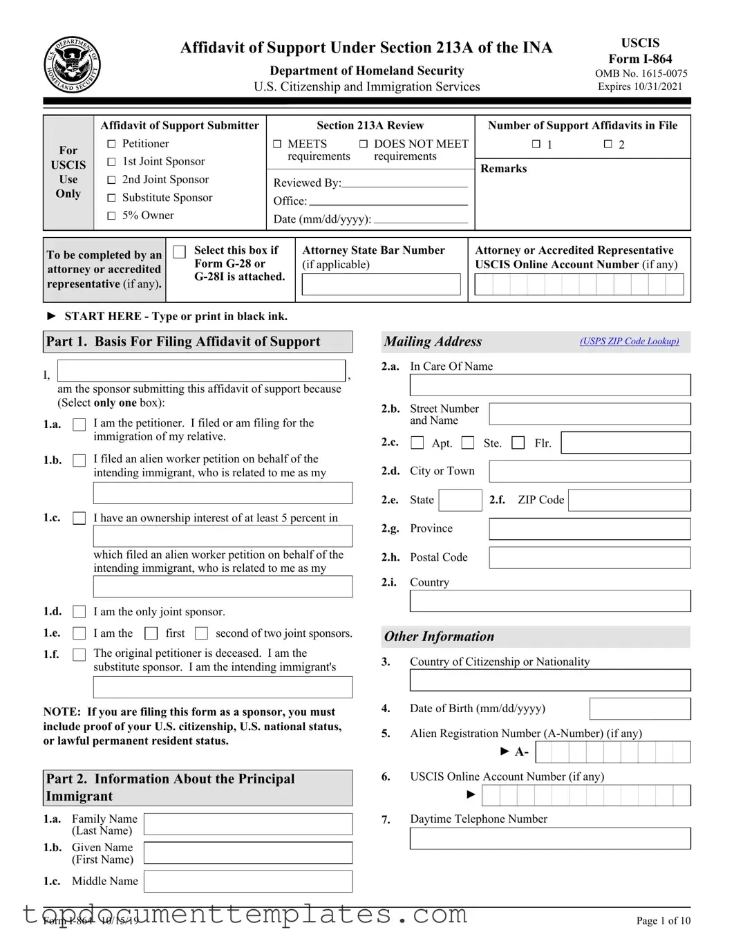 Blank USCIS I-864 PDF Form