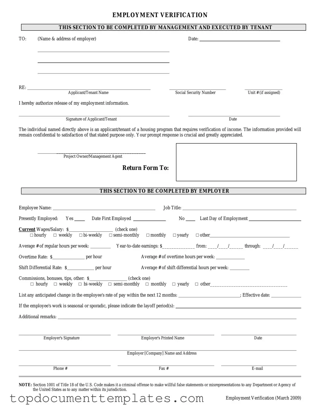 Blank Employment verification form PDF Form
