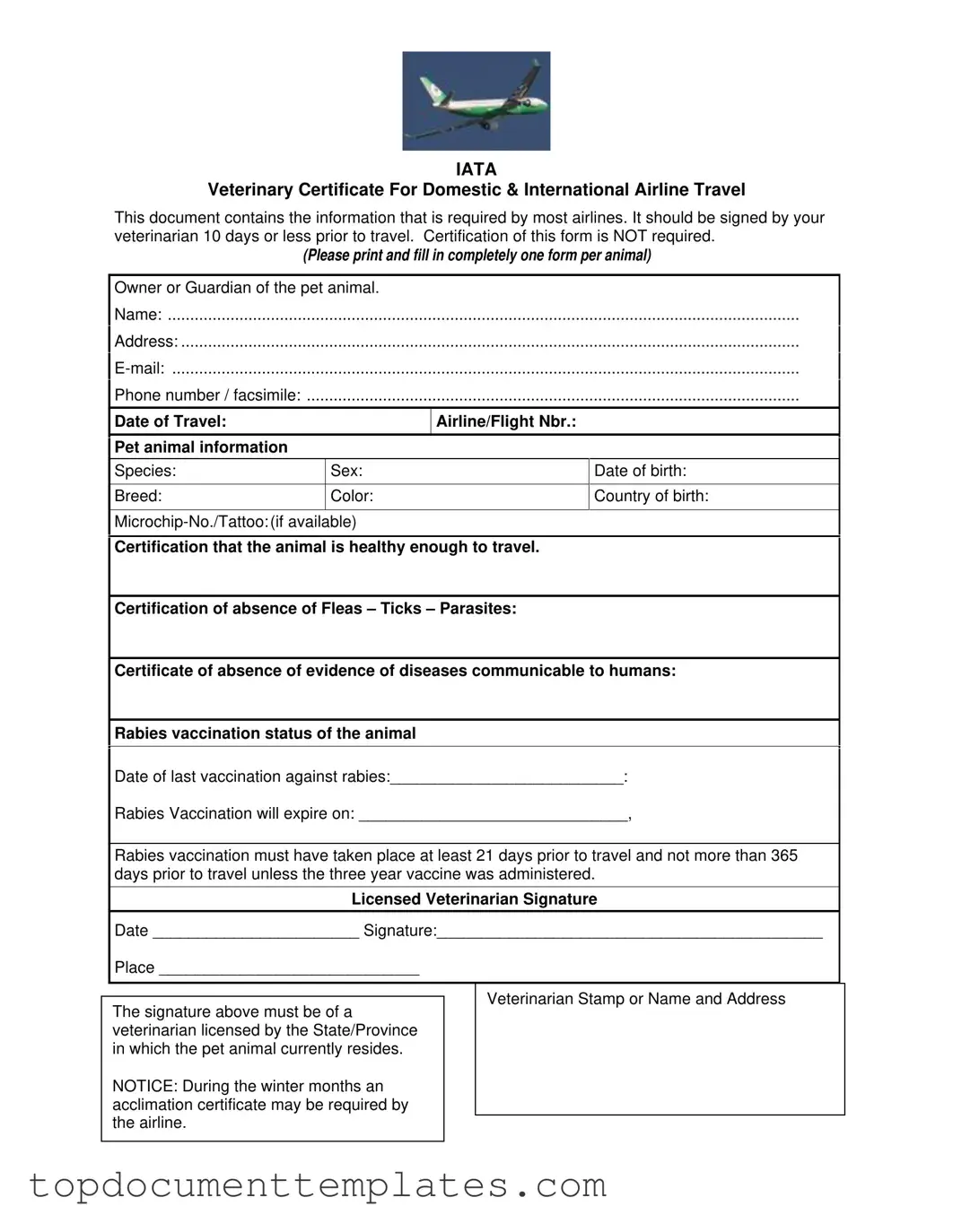 Blank Veterinary Certificate Travel PDF Form