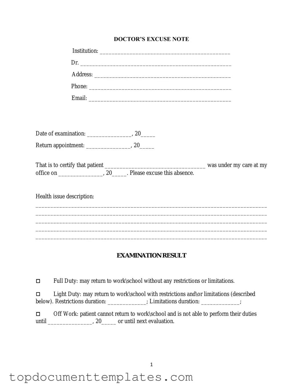 Blank Doctors Excuse Note PDF Form