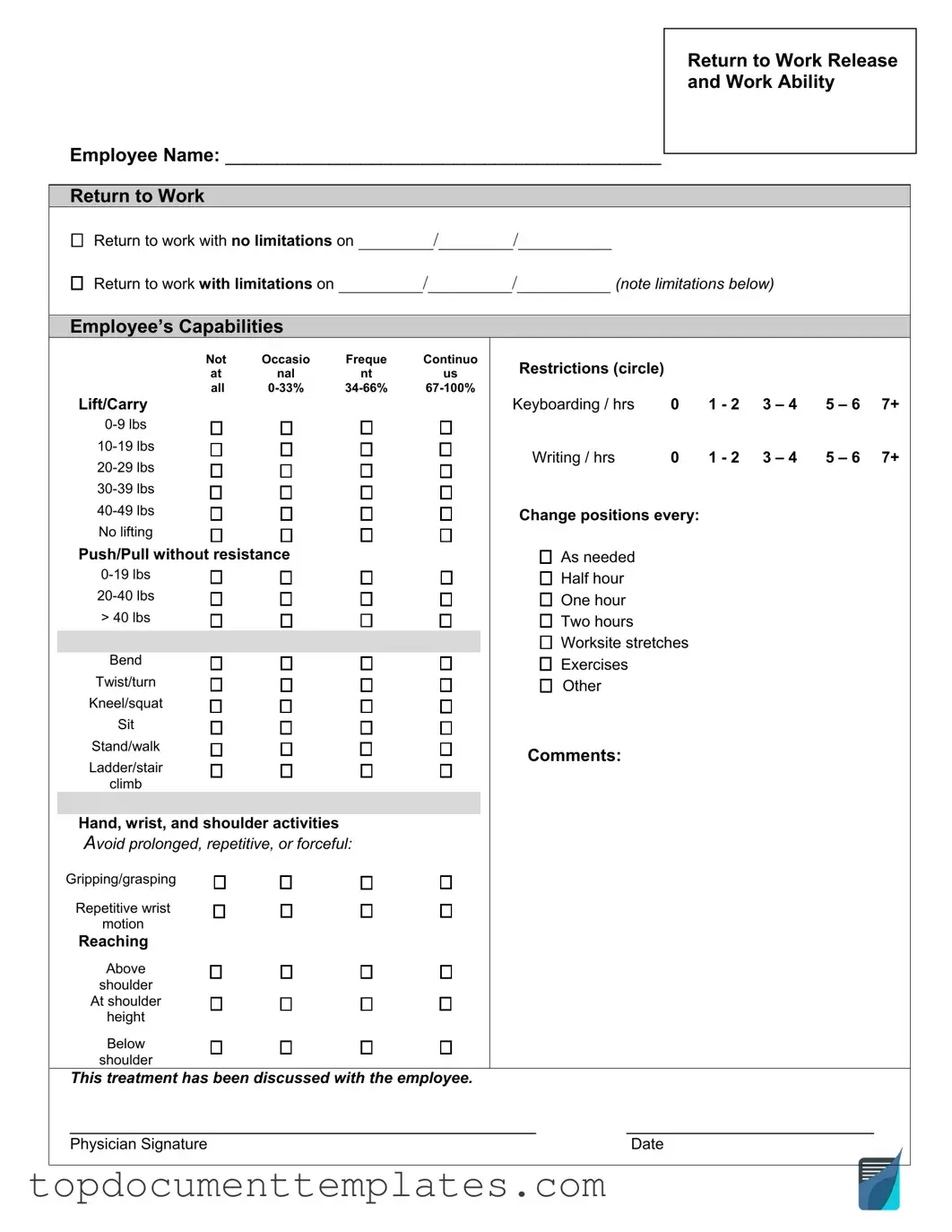 Blank Work Release PDF Form